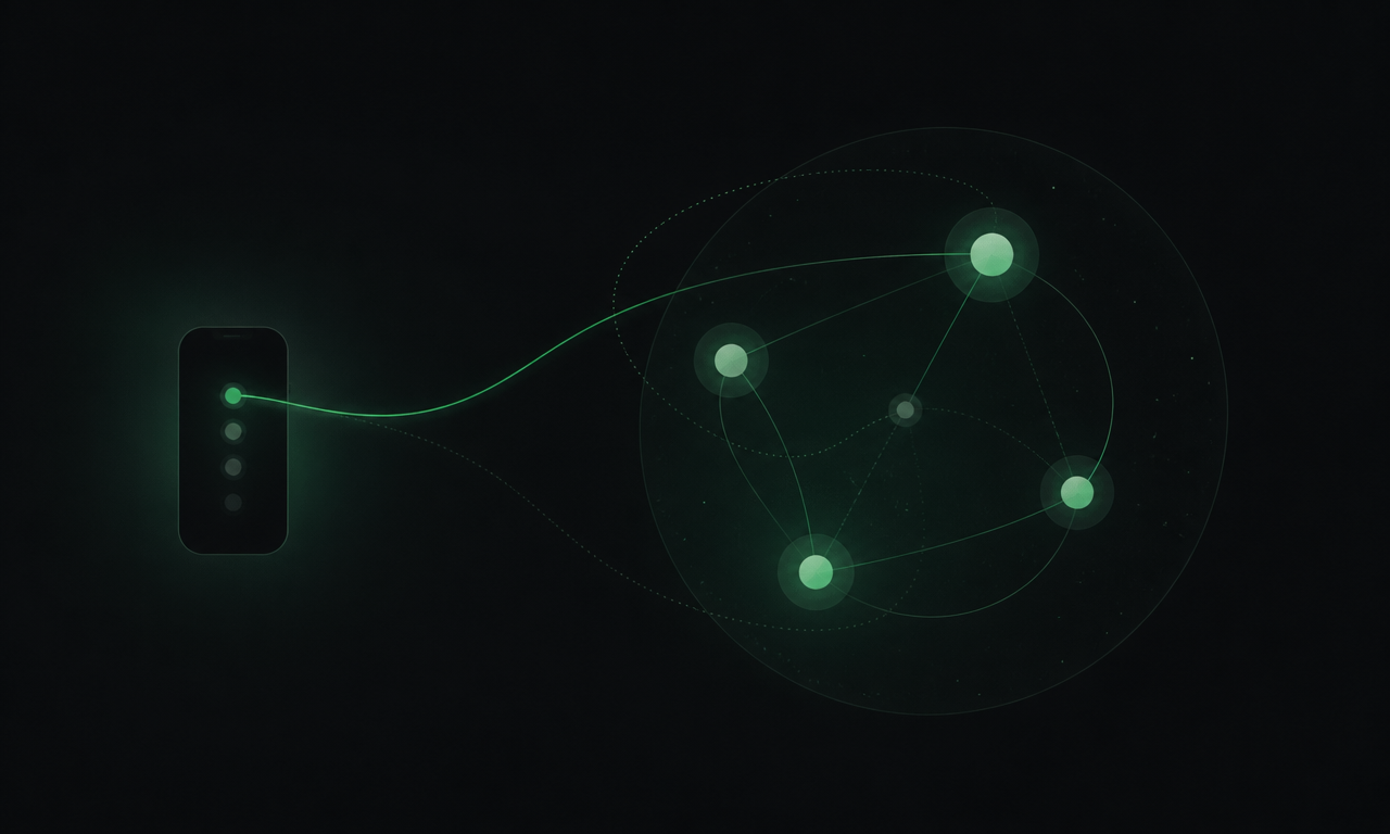 Abstract mobile connection leading into a shared workspace constellation