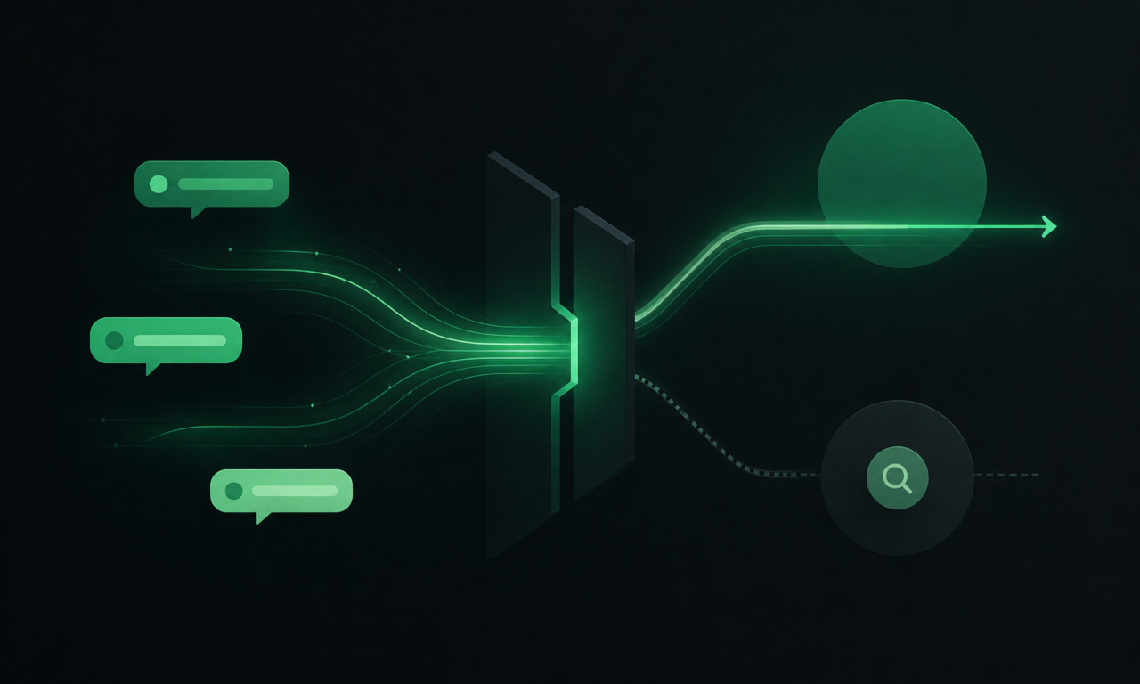 Abstract review checkpoint where conversation streams meet a diff inspection path