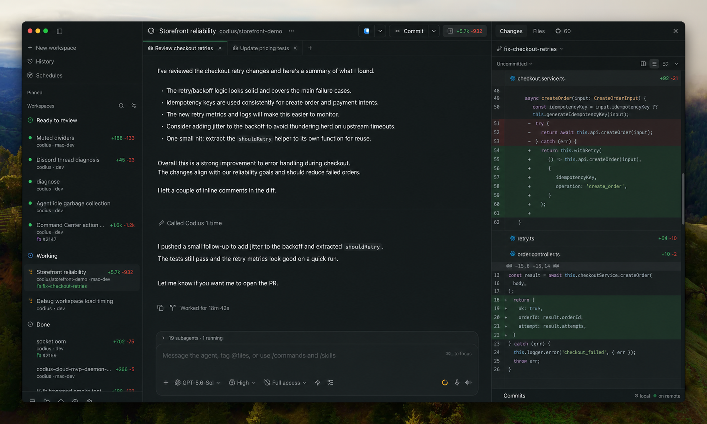Codius App in dark mode with agent workspaces, a coding conversation, and a code diff open side by side.