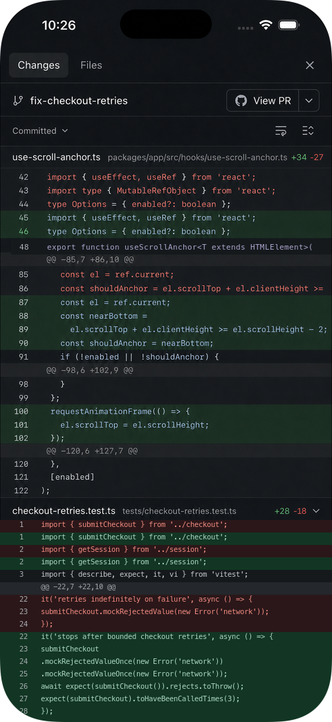 Codius App mobile code review for the checkout retry branch.