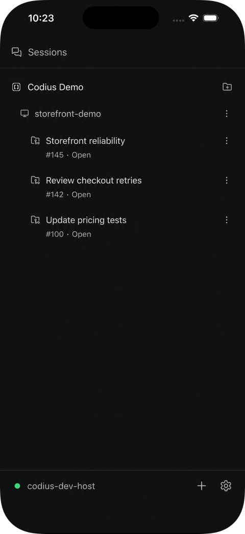 Codius App mobile sessions list for a sanitized demonstration host.